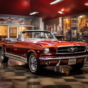 May include: A classic red convertible Ford Mustang with a black interior and a chrome bumper. The car is parked in a garage with a chequered floor. The number plate reads "Mustang".