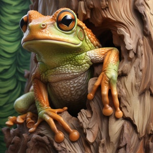 May include: A green and orange frog with large, golden eyes is perched on a rough, brown tree trunk. The frog's skin has a textured, bumpy appearance. The frog's toes are curled around the tree trunk.
