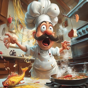 May include: A cartoon illustration of a chef in a white uniform and hat, with a surprised expression. Spaghetti and food items are flying around the kitchen. A pot of sauce simmers on the stove, and a fish lies on the counter.