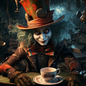 Tea Party with the Wonderland Mad Hatter - 3D Sublimation 20 oz Skinny Straight Tumbler Wrap- 300 DPI PNG Commercial Use - Fantasy Art Print