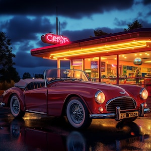 May include: A red vintage convertible car parked in front of a diner with neon signs. The diner has a sign that says "CANVA" in neon letters. The car has a license plate that says "BNT 11468".