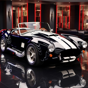 May include: A black and white classic sports car with a white racing stripe. The car has a black leather interior and a chrome bumper.