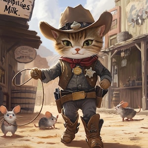 Cartoon Kitty Cat Sheriff with Mouse under Arrest 3D Sublimation Skinny Straight Tumblr Wrap High DPI PNG Commercial Use Old Wild West POD