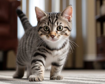 Black Gray Striped Tabby Kitten Playing - 3D Sublimation 20 oz Skinny Straight Tumbler Wrap - 300 DPI PNG Commercial Use