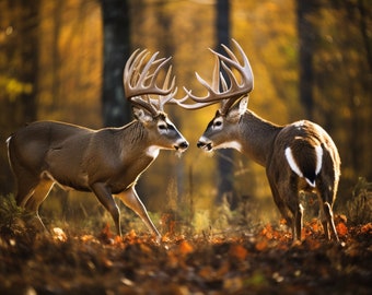 Whitetail Bucks Facing Off in Fight - 3D Sublimation 20 oz Skinny Straight Tumbler Wrap - 300 DPI PNG Commercial Use - Forest Kings Fighting