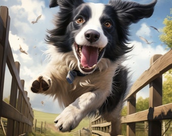 Happy Farm Hand Border Collie Jumping Fence - 3D Sublimation 20 oz Skinny Straight Tumbler Wrap - 300 DPI PNG Commercial Use
