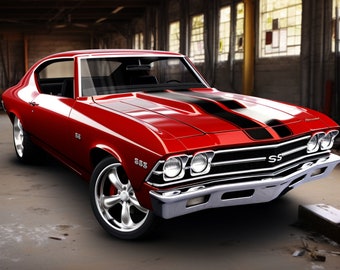 Classic Muscle Car 1969 Chevelle Ss Red With Black Stripes - 3D Sublimation 20 oz Skinny Straight Tumblr Wrap - 300 DPI PNG Commercial Use