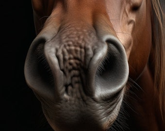 May include: Close-up of a brown horse's nose with a large, wet, black nostril.