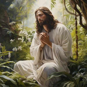 May include: An artistic depiction of a person in white robes, seated with hands clasped in prayer. The individual is surrounded by lush green foliage and white flowers, creating a serene and contemplative atmosphere. The lighting suggests a peaceful, natural setting.
