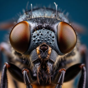 Puede incluir: Primer plano de la cara de una mosca con grandes ojos compuestos. Los ojos son de color marrón oscuro con una superficie texturizada. La cabeza de la mosca está cubierta de pelos finos.