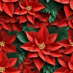 Puede incluir: Un patrón sin costuras con flores de poinsettia rojas con centros dorados rodeadas de hojas verdes.
