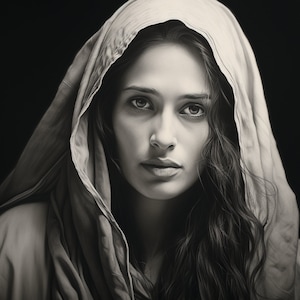 May include: A black and white portrait of a woman with long, dark hair. She is wearing a hooded garment that covers her head and shoulders. Her eyes are looking directly at the viewer, and her expression is serious.