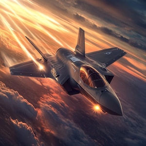 May include: A gray fighter jet flies through a cloudy sky at sunset. The jet is leaving a trail of smoke behind it.