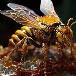 Op de afbeelding: Een gedetailleerd, gouden bijenbeeld met ingewikkelde vleugels en een textuurrijk lichaam. De bij zit op een textuurrijk, rood en gouden oppervlak.