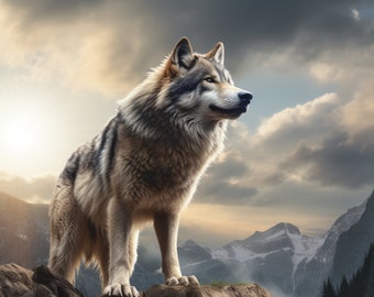 May include: A gray wolf stands on a rocky cliff, looking out at a mountain range in the distance. The sky is cloudy and dramatic, with hints of sunlight breaking through.