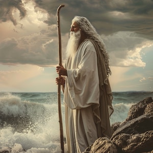 Puede incluir: Un hombre barbudo de pelo largo, vestido con una túnica blanca, se encuentra en una costa rocosa, sosteniendo un bastón de madera. Mira hacia un mar tormentoso con olas rompiendo contra las rocas.
