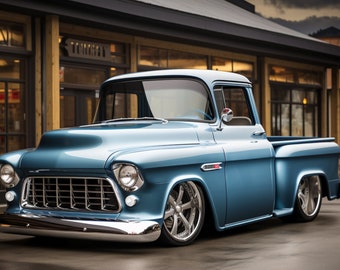 Classic 1955 Blue Chevrolet Pickup Truck - 3D Sublimation 20 oz Skinny Straight Tumbler Wrap - 300 DPI PNG Commercial Use - Truck Lover Gift