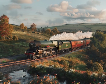 Flying Scotsman Pasajero Locomotora Campo Escena 3D Sublimación Flaco Recto Tumblr Wrap DPI PNG Uso Comercial Tren Amante Regalo