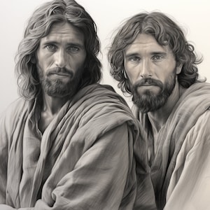 Puede incluir: Un dibujo a lápiz en blanco y negro de dos hombres con el pelo largo y barba. Ambos visten túnicas largas y miran al espectador.