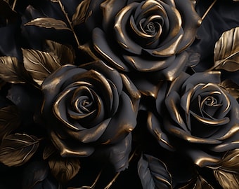 Black Rose Blooms Golden Edges Bouquet Pattern - 3D Sublimation 20 oz Skinny Straight Tumbler Wrap - Happy Halloween Flowers - Dark Fantasy