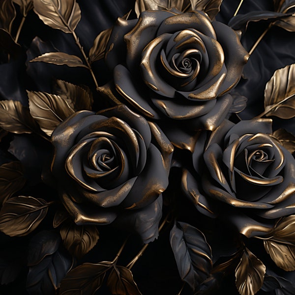 Black Rose Blooms Golden Edges Bouquet Pattern - 3D Sublimation 20 oz Skinny Straight Tumbler Wrap - Happy Halloween Flowers - Dark Fantasy