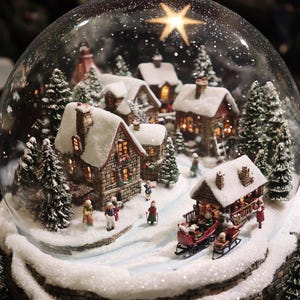 May include: A snow globe depicting a winter village scene. The globe includes houses, trees, and figurines, all dusted with snow. A star-shaped light shines at the top. The base is a textured, snow-covered surface.