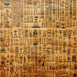 May include: A brown wooden background with a repeating pattern of ancient Egyptian hieroglyphs and symbols in black. The symbols include figures of people, animals, and geometric shapes.