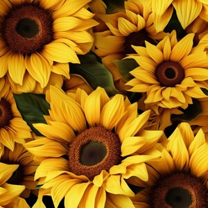 May include: A close-up of a cluster of bright yellow sunflowers with dark brown centers. The sunflowers are in full bloom and have a soft, velvety texture.