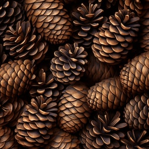 May include: A close-up of a collection of brown pine cones, arranged in a random pattern. The cones are all different sizes and shapes, and they have a natural, rustic look.