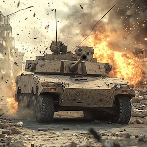 以下が含まれることがあります： 煙と瓦礫が舞う戦火で荒廃した街の通りを、軍用装甲車が走行している。