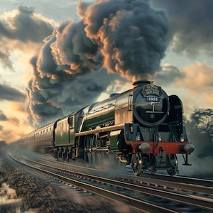 May include: A green and black steam locomotive train with a plume of smoke billowing from the chimney, traveling on a track with a sunset in the background.