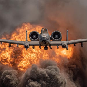May include: A-10 Thunderbolt II aircraft in flight, viewed head-on, with a backdrop of a fiery explosion and dark smoke. The gray aircraft has two engines and is armed with multiple missiles. The image captures a moment of intense action.