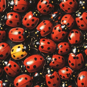 May include: A close-up image of numerous ladybugs. The ladybugs are primarily red with black spots and black heads. One ladybug is yellow with black spots. The ladybugs are clustered together, creating a vibrant and detailed pattern.