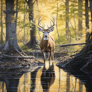 Könnte beinhalten: Ein männlicher Weißwedelhirsch steht in einem flachen Bach und blickt direkt auf den Betrachter. Der Hirsch befindet sich in einer Waldlandschaft mit hohen Bäumen und goldenem Sonnenlicht, das durch die Blätter fällt.