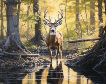 Hunters Dream Large Whitetail Buck at Backwoods Waterhole Tumbler Wrap - 3D Sublimation 20 oz Skinny Straight - 300 DPI PNG Commercial Use