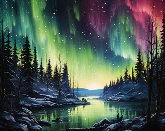 Northern Lights Over Mountain Creek - 3D Sublimation 20 oz Skinny Straight Tumbler Wrap - 300 DPI PNG Commercial Use - Mystical Light Print