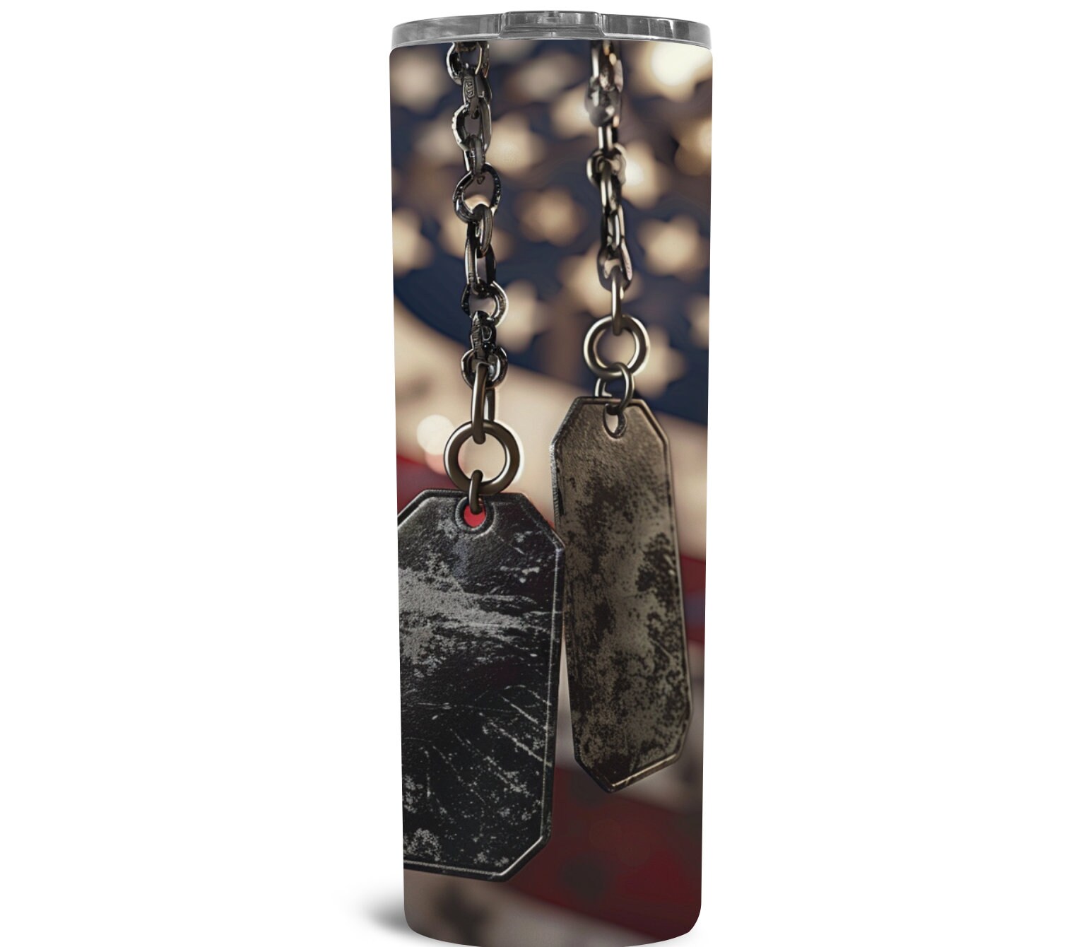 Dog Tags Hanging in Front of American Flag Backdrop 20 Oz Skinny ...