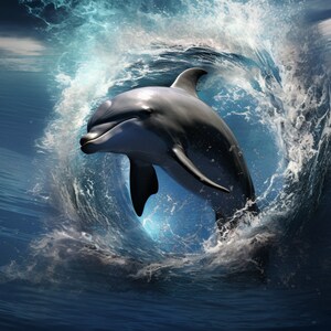 Könnte beinhalten: Ein grauer Delfin springt aus dem Wasser und erzeugt dabei einen Wasserstrahl um sich herum. Der Delfin befindet sich in der Luft, mit offenem Maul und geschlossenen Augen. Das Wasser ist tiefblau und der Himmel ist hellblau.