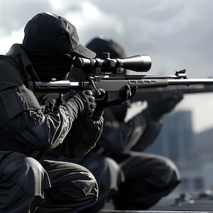 May include: Two people in black tactical gear are aiming a black rifle with a scope at a target. The rifle has a black stock and a silver barrel.