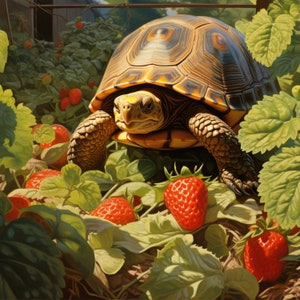 May include: A brown and yellow tortoise with a patterned shell is walking through a field of green plants and red strawberries.