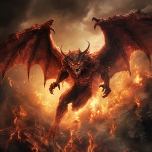 May include: A red dragon with large wings and claws emerges from a fiery landscape. The dragon has a fierce expression and is surrounded by flames.