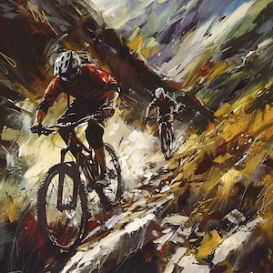 May include: An abstract painting of two mountain bikers riding down a rocky, mountainous trail. The bikers wear helmets and athletic gear. The artwork uses a palette of reds, browns, yellows, and whites to depict the rugged terrain and movement.