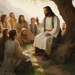 May include: A painting depicting Jesus Christ teaching a group of people. Jesus is seated under a tree, wearing a white robe, and speaking to the group. The people are seated in a circle around him, listening attentively. The scene is set in a lush, green landscape.