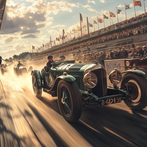 May include: A vintage green race car with a driver in the cockpit, speeding down a track lined with flags. The car has a large number "24D1" on the back.