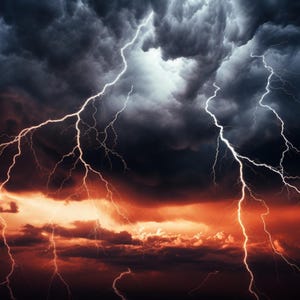 May include: Dramatic image of a thunderstorm with dark, ominous clouds and bright white lightning bolts. The sky transitions from dark gray to a fiery orange and red hue, creating a striking contrast.