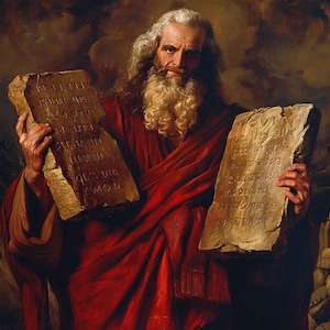 May include: A painting of a man with a long white beard holding two stone tablets with text in a dark brown color. The man is wearing a red robe and is standing against a dark background.