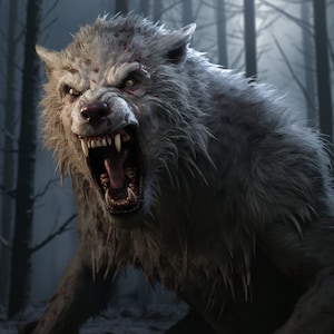 May include: A close-up of a snarling white wolf with blood on its face, set against a dark, blurry background of trees.