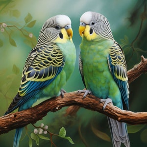 May include: Two green and blue budgerigars, also known as parakeets, are perched on a branch. The birds are facing each other and have their heads tilted slightly. The background is a blurred green and brown.