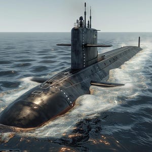 Puede incluir: Un submarino negro con un periscopio y una torre de mando está sumergido en el océano. El submarino deja un rastro de espuma blanca en el agua.