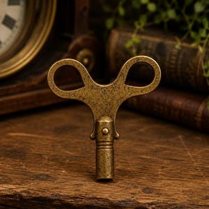May include: A vintage brass clock key with a looped handle, resting on a wooden surface. The key is in focus, with a blurred background featuring a clock and antique books. The key's design suggests it is for winding a clock.